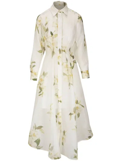 Shop Zimmermann Floral Print Linen And Silk Blend Shirt Dress In Ivory