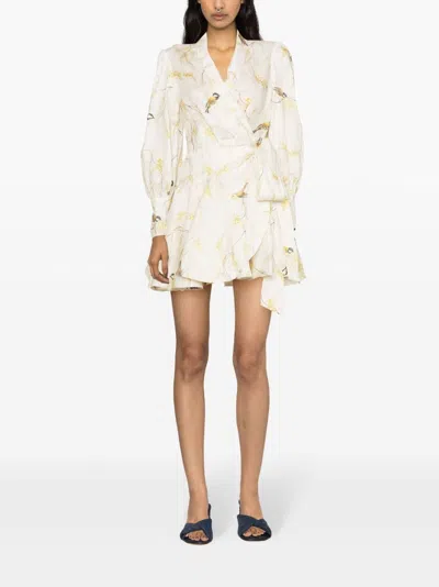 Shop Zimmermann Floral Print Linen Wrap Mini Dress In Light Beige And Multicolor For Women In Ivory