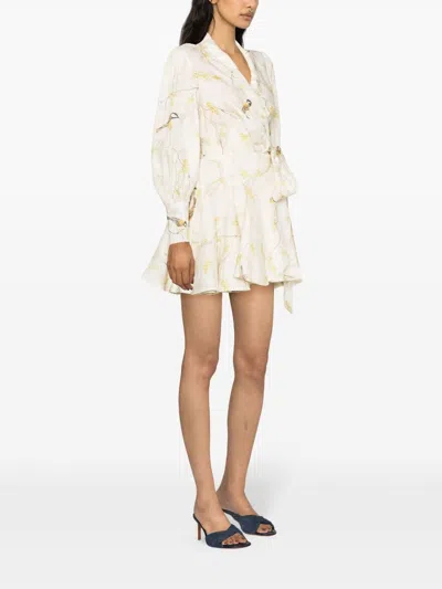 Shop Zimmermann Floral Print Linen Wrap Mini Dress In Light Beige And Multicolor For Women In Ivory