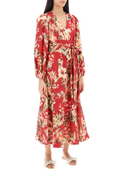 Shop Zimmermann Floral Linen Wrap Maxi Dress For Women In Red