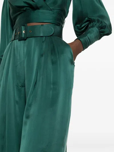 Shop Zimmermann Green Belted Wide Leg Silk Pants For Women