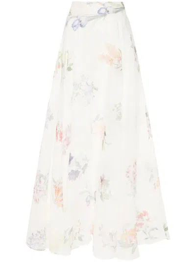 Shop Zimmermann Ivory Floral Print Maxi Skirt For Women In Linen And Silk Blend