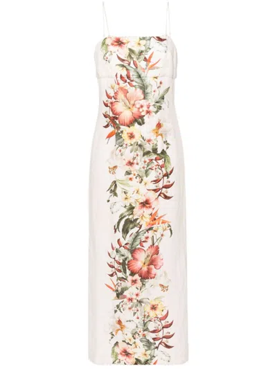 Shop Zimmermann Ivory White Floral Linen Pencil Dress With Scalloped Raffia Trim And Two Detachable Straps