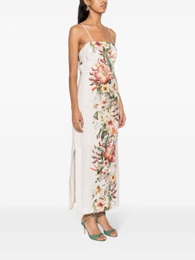 Shop Zimmermann Ivory White Floral Linen Pencil Dress With Scalloped Raffia Trim And Two Detachable Straps