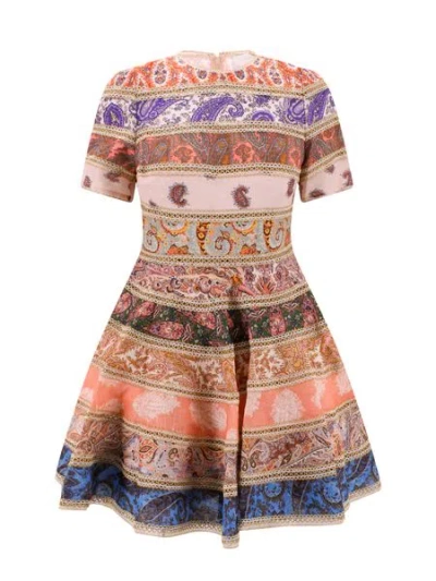 Shop Zimmermann Multicolor Linen Short-sleeved Dress With Lace Trims In Pink