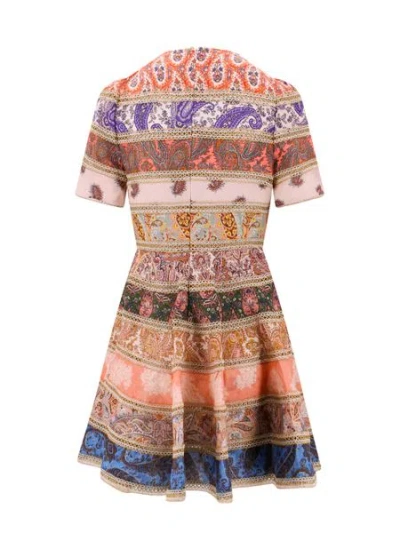 Shop Zimmermann Multicolor Linen Short-sleeved Dress With Lace Trims In Pink