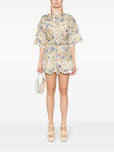 Shop Zimmermann Multicolour Floral Embroidered Linen Shorts In High-waisted Style In White