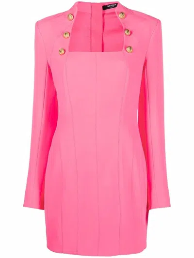 Balmain Embellished Pleated Wool Mini Dress In Pink