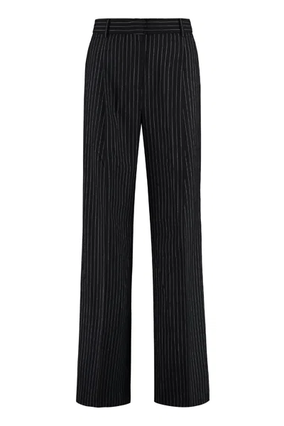 Shop Michael Michael Kors Black Pinstriped Wool Blend Trousers For Women Fw23
