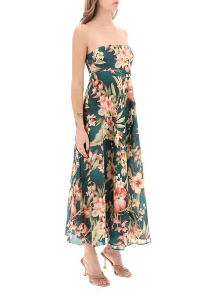Shop Zimmermann Green Floral Print Linen Bandeau Midi Dress For Women