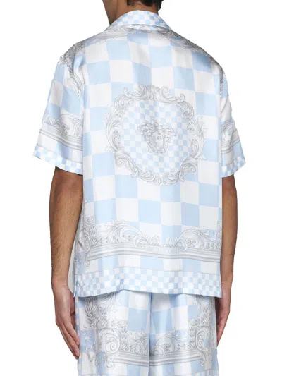 Shop Versace Shirts In Pastel Blue+white+silver
