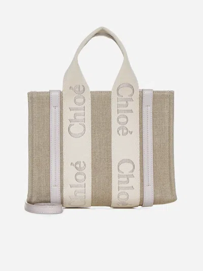 Shop Chloé Woody Linen Small Tote Bag In Wild Grey