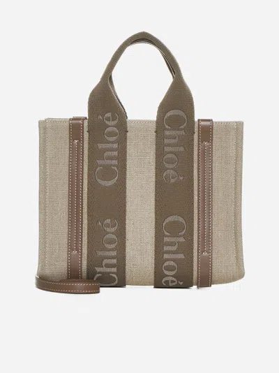 Shop Chloé Woody Linen Small Tote Bag In Dark Nut