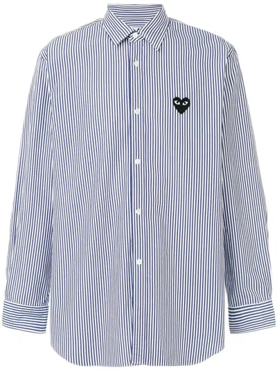 Shop Comme Des Garçons Play Striped Long Sleeve Black Heart Shirt In Blue
