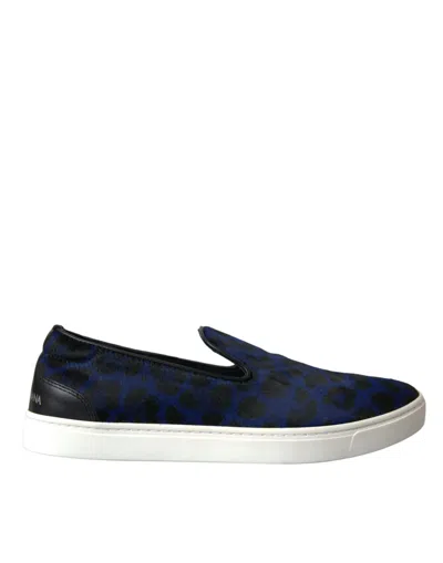 Dolce & Gabbana Blue Calfskin Hair Leopard Sneakers Shoes In Blue