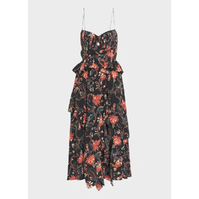 Ulla Johnson Renata Floral Ruffled Midi Dress In Obsidian Floral Black In Multi