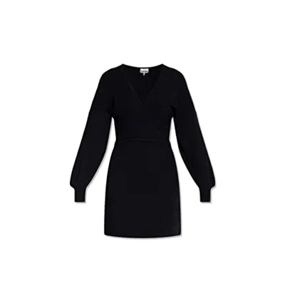 Shop Ganni Women's Dark Navy Black Ribbed V-neck Long Sleeve Mini Dress In Blue