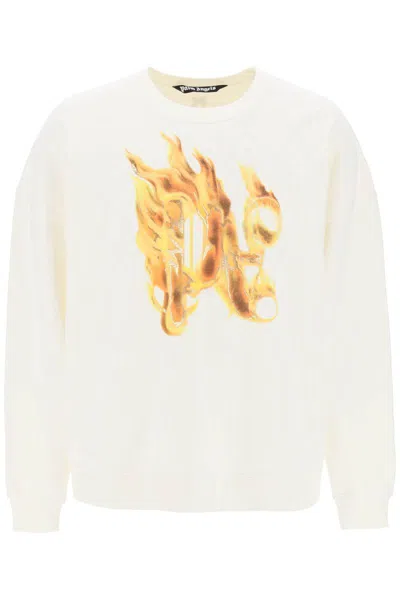 Shop Palm Angels "burning Monogram Crewneck In Bianco
