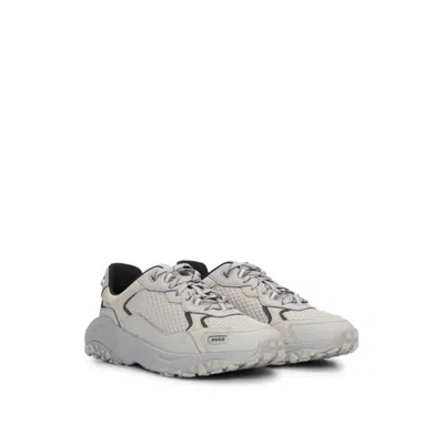 Shop Hugo Mixed-material Trainers With Leather Facings In Grey