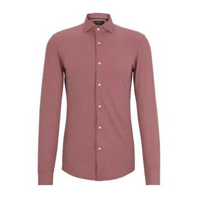 Shop Hugo Boss Slim-fit Shirt In Printed Performance-stretch Fabric In Brown
