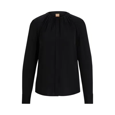 Hugo Boss Ruched-neck Blouse In Stretch-silk Crepe De Chine In Black