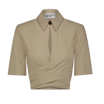 Shop Matthew Bruch Women's Collared Wrap Top In Taupe Seersucker In Multi