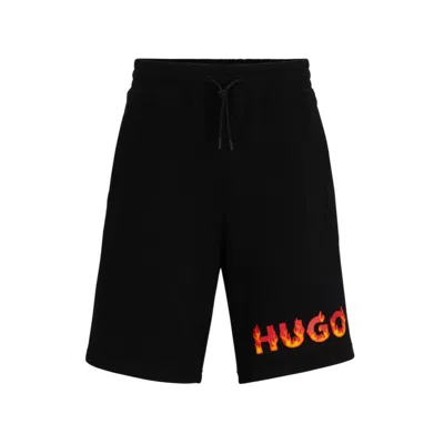 Hugo Boss Cotton-terry Shorts With Puffed Flame Logo In Black