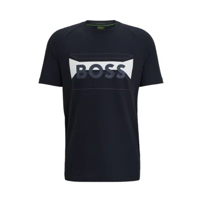 Shop Hugo Boss Cotton-blend Regular-fit T-shirt With Logo Artwork In Blue