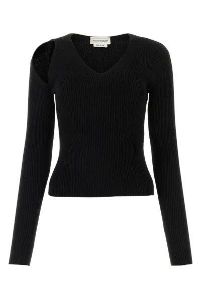 Alexander Mcqueen Cutout Ribbed Wool-blend Sweater In Black