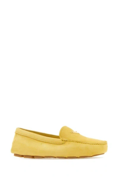 Shop Prada Woman Yellow Suede Loafers