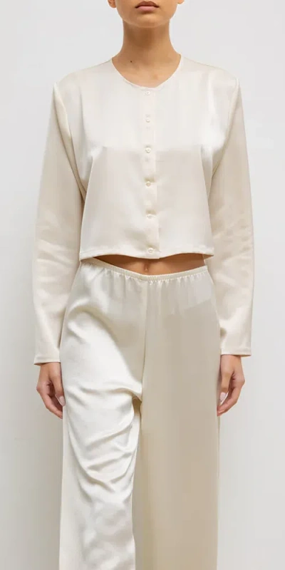 Leset Barb Satin Crew Cardigan In Creme
