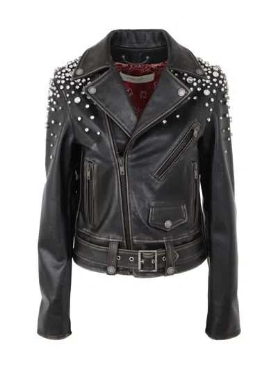 Shop Golden Goose Golden Chiodo Jacket Distressed Bull Leather With Crystals Stones Clothing In Black