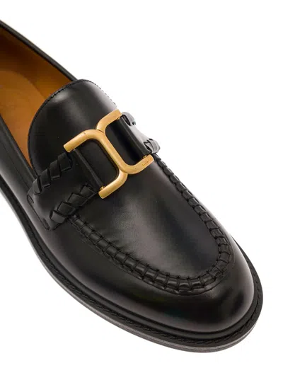 Shop Chloé 'marcie' Black Loafers With Gold-colored Metal Logo In Smooth Leather Woman