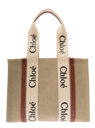 Shop Chloé 'medium Woody' White Handbag With Logo In Canvas Woman In Beige