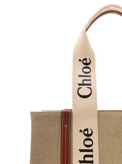Shop Chloé 'medium Woody' White Handbag With Logo In Canvas Woman In Beige