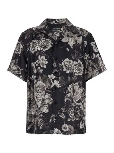 Shop Dolce & Gabbana 'palermo' Black Bowling Shirt With All-over Rose Print In Silk Man