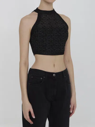 Balmain Sheer Geometric Halterneck Top With Metallic Threading In Black