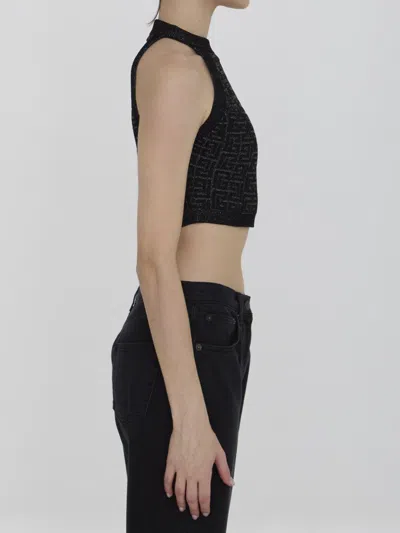 Balmain Sheer Geometric Halterneck Top With Metallic Threading In Black