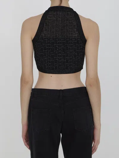 Balmain Sheer Geometric Halterneck Top With Metallic Threading In Black