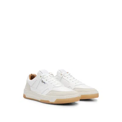Shop Hugo Boss Leather And Suede Trainers With Signature Stripe And Logo In White