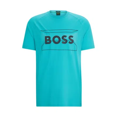 Shop Hugo Boss Cotton-blend Regular-fit T-shirt With Logo Artwork In Green