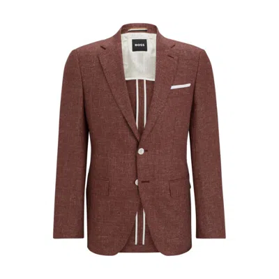 Shop Hugo Boss Slim-fit Jacket In Patterned Virgin Wool And Linen In Brown
