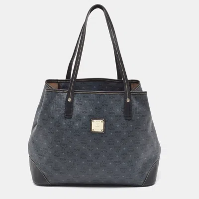 Shop Mcm Visetos Coated Canvas And Leather Open Tote In Blue