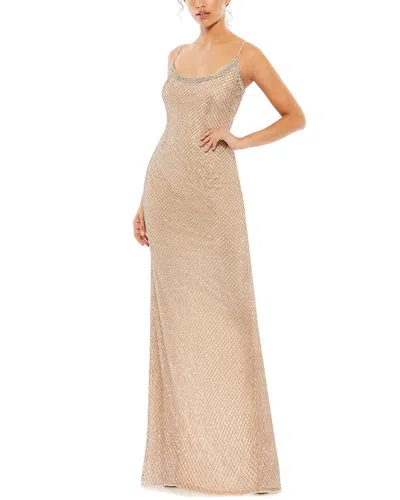 Mac Duggal Beaded Spaghetti Strap Column Gown In Beige