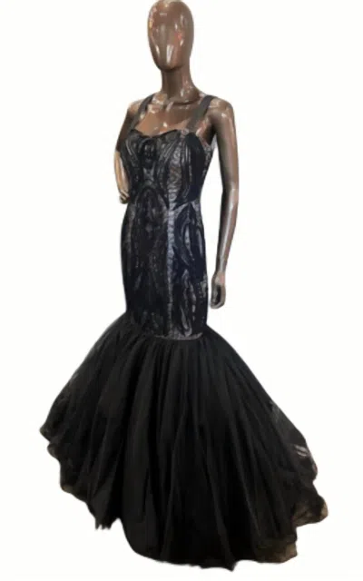 Lm Collection Lace Mermaid Gown In Black/nude In Black