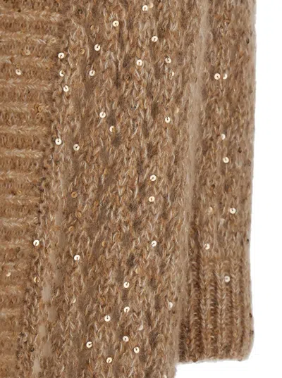 Shop Eleventy Long Beige Cardigan With All-over Sequins In Cotton And Mohair Woman