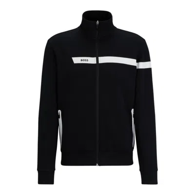 Shop Hugo Boss Cotton-blend Zip-up Sweatshirt With Graphic Logo Stripe In Black