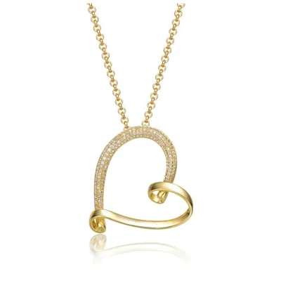 Rachel Glauber 14k Gold Plated With Clear Cubic Zirconia Open Ribbon Heart Asymmetrical Pendant Necklace In Gold