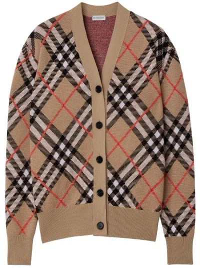 Shop Burberry Women Check Wool Blend Cardigan In Sand Ip Check