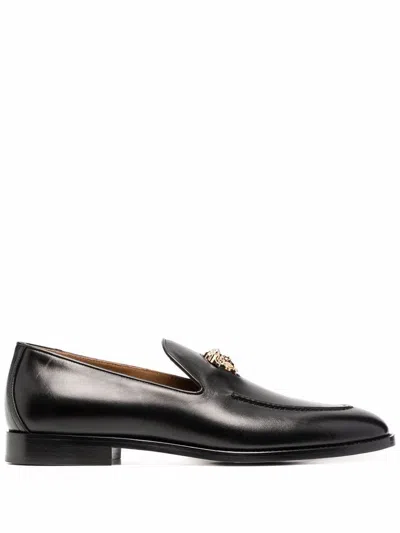 Versace Black Leather La Medusa Loafers In Black